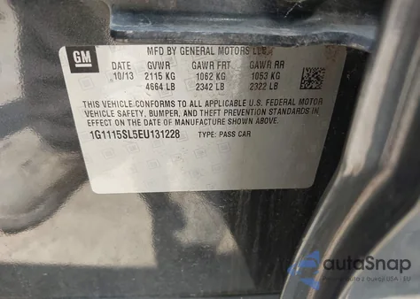 2014 Chevrolet Impala 1Lt из США, поврежденный, VIN 1G1115SL5EU131228